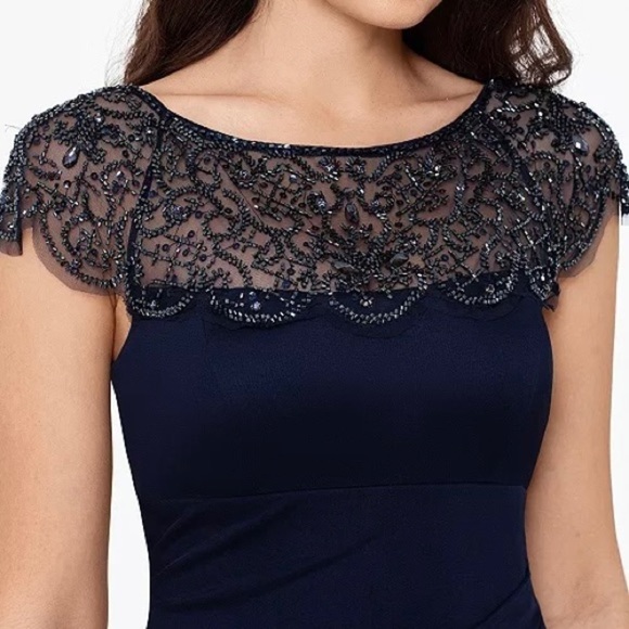 XSCAPE Beaded-Detail Sheer embellished neckline Jersey Knit Gown in Navy Size 8 - Picture 3 of 12